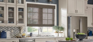 Chic kitchen decor complemented by Woven Wooden Shades for natural warmth and texture